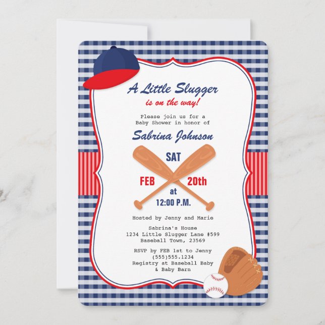 Baseball Baby Shower-inbjudan Blue Red Gingham Inbjudningar (Framsida)