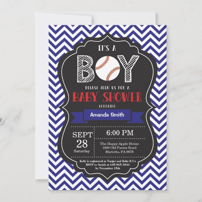 Baseball Baby Shower-inbjudan Boy Blue Chevron Inbjudningar (Framsida)
