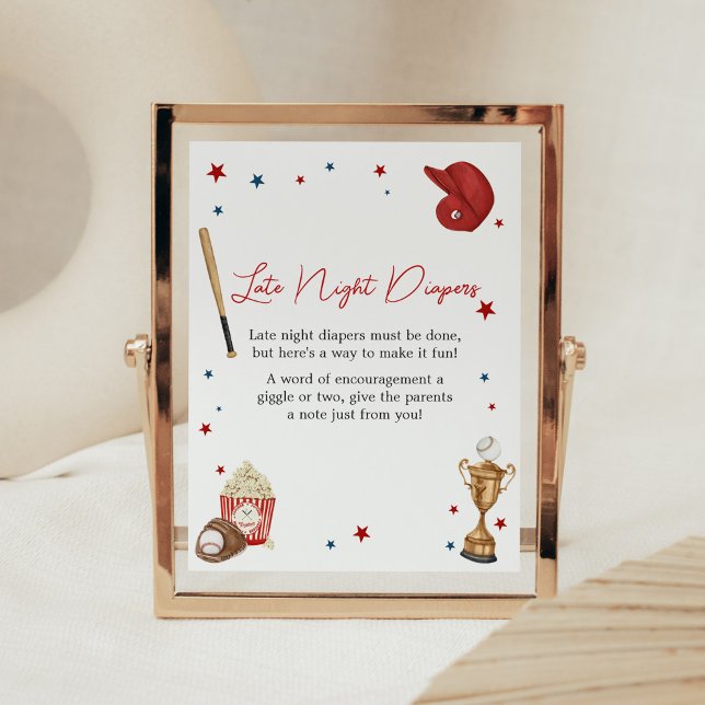 Baseball Baby Shower Late Late Nattes Poster (Oh Boy Little Slugger Baby Shower Late Night Diapers Sign)