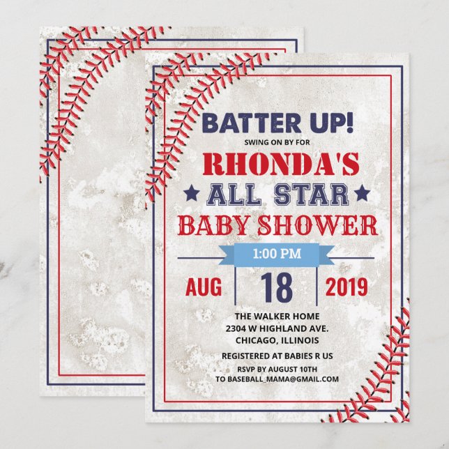 Baseball Baby Shower Vintage Grunge Inbjudan (Fram/baksida)