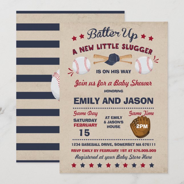 Baseball-babyskor - inbjudan till basket Shower (Fram/baksida)