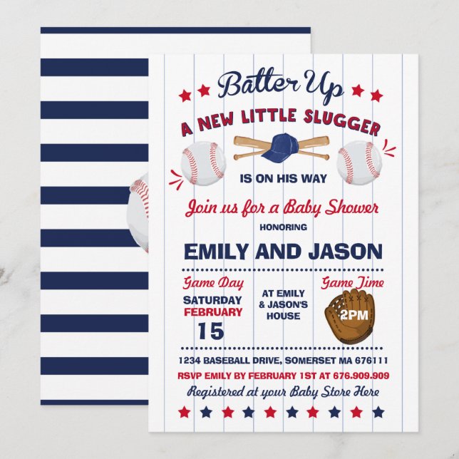 Baseball-babyskor - inbjudan till basket Shower (Fram/baksida)