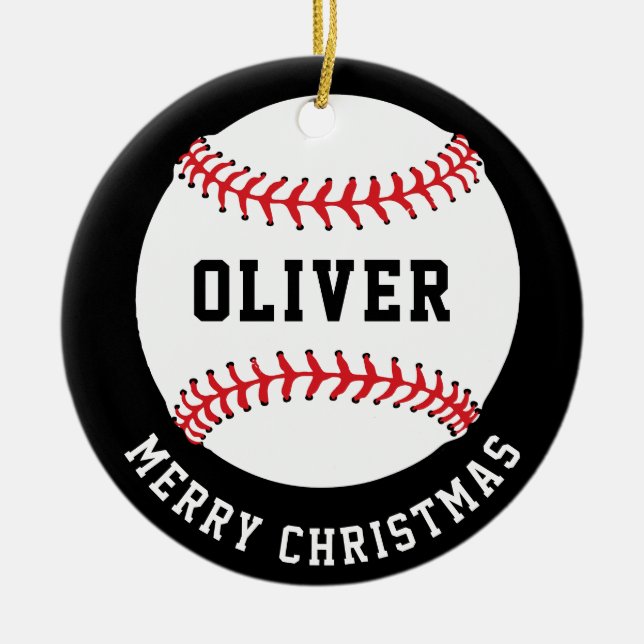 Baseball Ball Custom Name Merry Christmas Julgransprydnad Keramik (Framsidan)