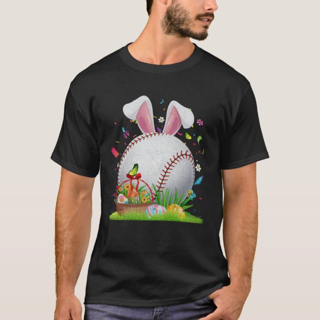 Baseball Ball Egg Bunny Ears Happy Easter Day Men  T Shirt (Framsida)