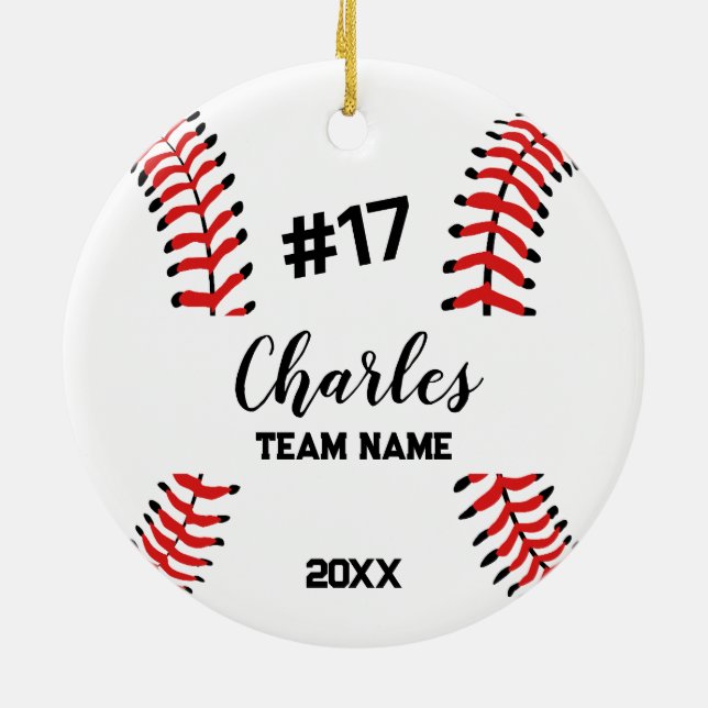Baseball Ball Player | Custom Name Number & Team Julgransprydnad Keramik (Baksidan)