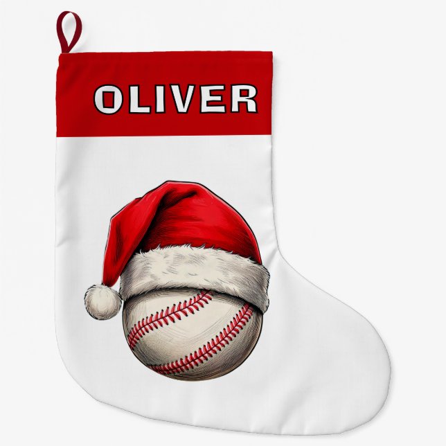 Baseball Ball Red Santa Hat Name Stor Julstrumpa (Framsidan)