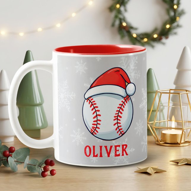 Baseball Ball Red Santa Hat Snowflake Name  Två-Tonad Mugg (Skapare uppladdad)