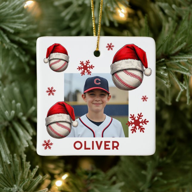 Baseball Ball Santa Hat Name Photo Christmas  Julgransprydnad Keramik (Träd)