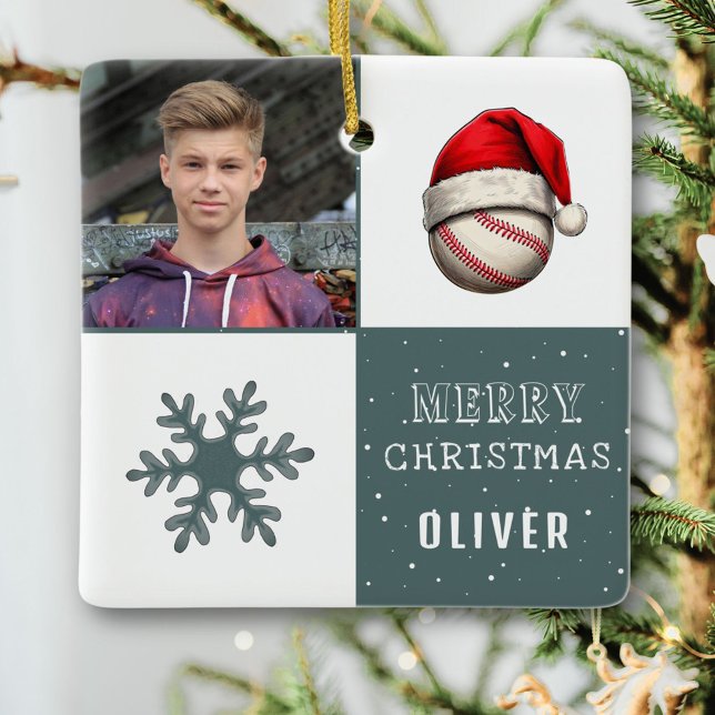 Baseball Ball with Santa Hat Snowflake Photo Julgransprydnad Keramik (Skapare uppladdad)