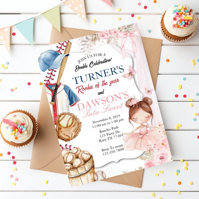 Baseball & Ballerina Birthday Invitation | Rookie  Inbjudningar (Skapare uppladdad)