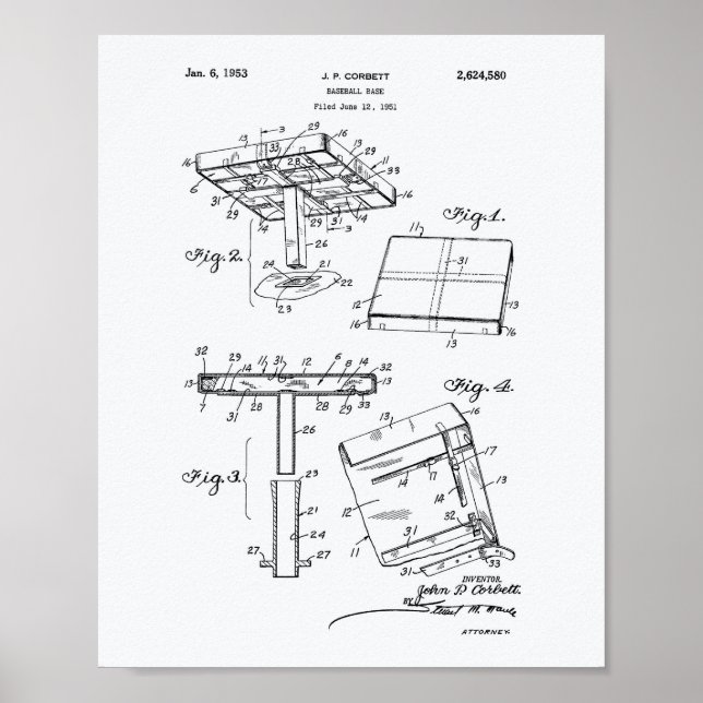 Baseball Base 1953 Patent Art White Papper Poster (Framsidan)