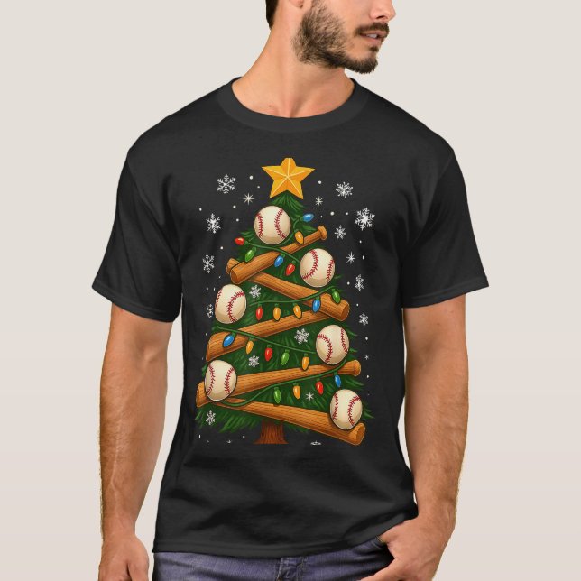 Baseball Bat Christmas Tree Lights Holiday Design  T Shirt (Framsida)