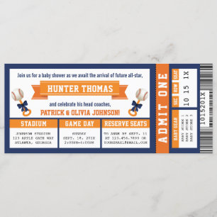 Baseball Biljett Baby Shower, Blue, Orange Inbjudningar