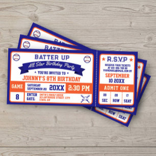 Baseball Biljett Födelsedagsfest Blue Orange Inbjudningar