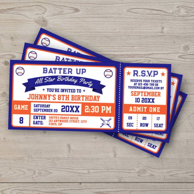 Baseball Biljett Födelsedagsfest Blue Orange Inbjudningar (Skapare uppladdad)