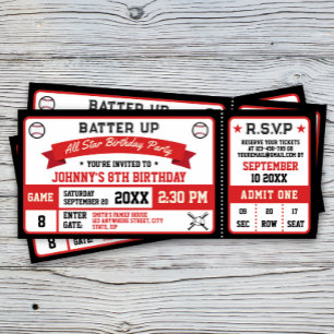 Baseball Biljett Födelsedagsfest Red Black Inbjudningar