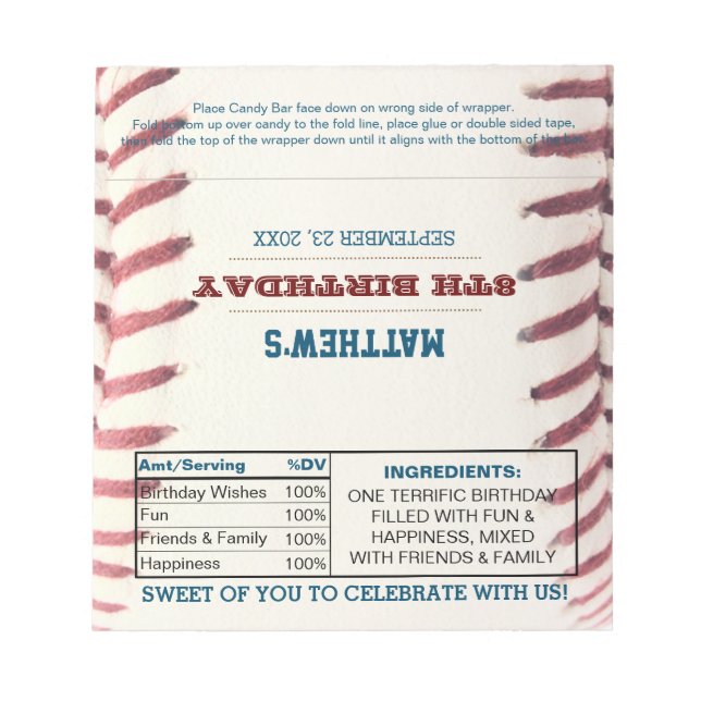 Baseball Birthday Favor Chocolate Candy Wrappers Anteckningsblock (Framsida)