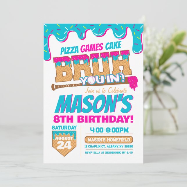 Baseball Birthday Invitation Drip Bruh Theme Inbjudningar (Stående Fram)