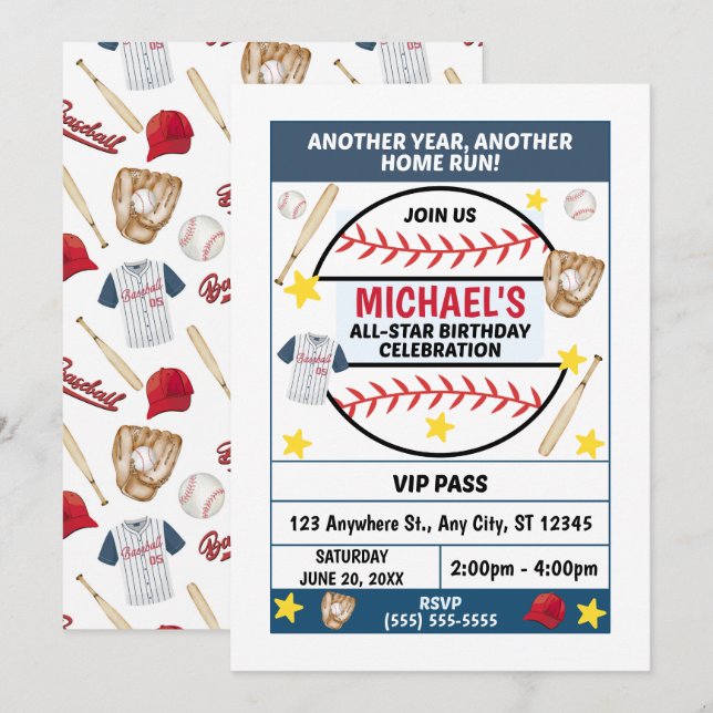 Baseball Birthday Party Invitation Inbjudningar (Fram/baksida)