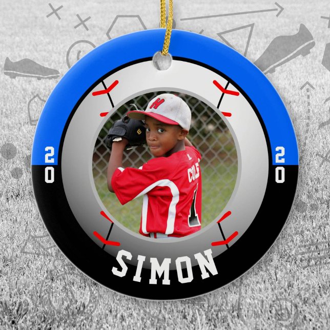 Baseball Blue Black Team Färg Julgransprydnad Keramik (Blue and Black Baseball Let's Go Team Ornament. Celebrate your high school or college athlete.)