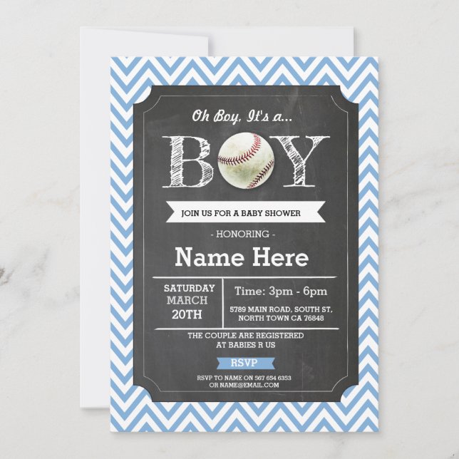 Baseball Blue Boy Shower Chevron Inbjudan (Framsida)