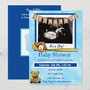 Baseball Blue Pojke Ultrasound Baby Shower Inbjudningar