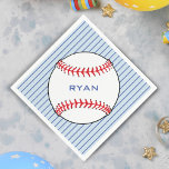 Baseball Boll Birthday Personlig Kids Party Pappersservett<br><div class="desc">Underbar födelsedagsfest för en basebolltemad födelsedagsfest eller firande av säsongens slut med mera. Napkins är anpassningsbara - lägg till ditt namn. Namn ligger i baseball boll,  bakgrunden är blå med mörk blått rand. Underbar för ett barn - pojke eller flicka,  som kärlek baseball och sport.</div>