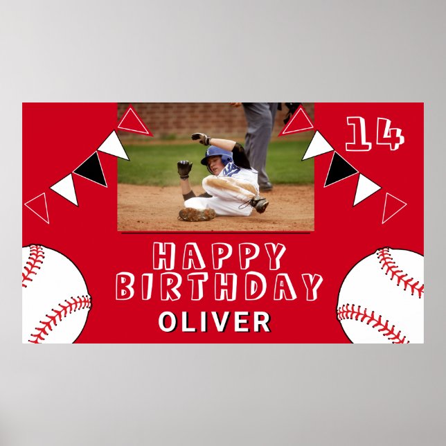 Baseball Boll Bunting Flaggor Red Photo Birthday Poster (Framsidan)