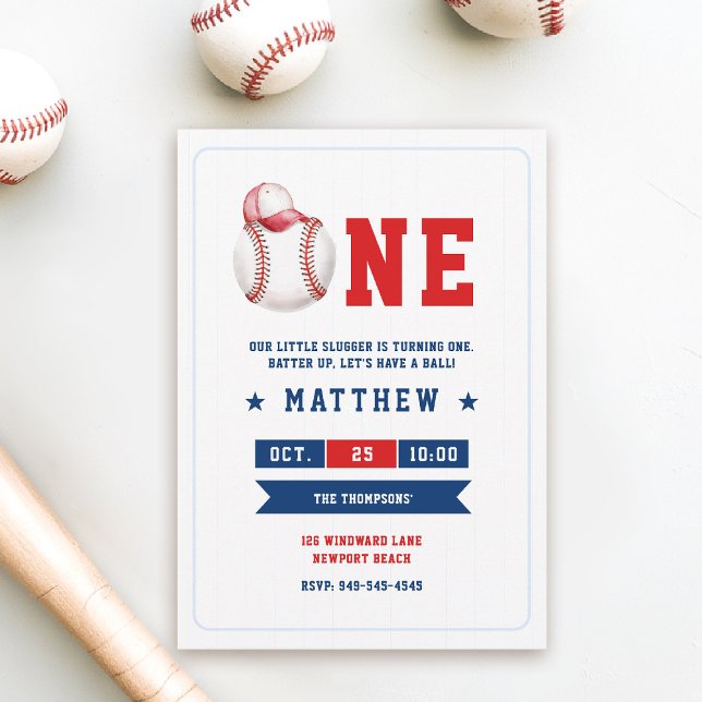 Baseball Boll Cap Blue Cute Boy 1:a födelsedagen Inbjudningar (little slugger boy 1st birthday baseball theme invitation red white cute cap watercolor sports )