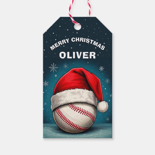 Baseball Boll Red Santa Hat Namn jul Presentetikett (Framsidan)