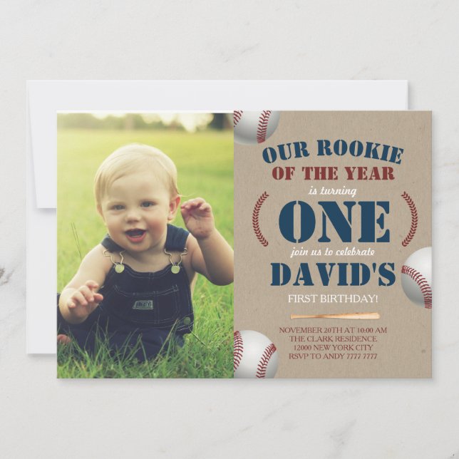 Baseball Boy First Birthday Rookie Photo Bild Inbjudningar (Framsida)