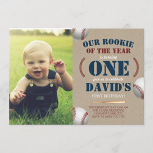 Baseball Boy First Birthday Rookie Photo Bild Inbjudningar