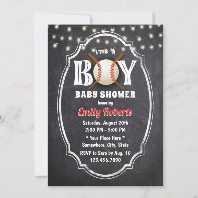 Baseball Boy Shower Rustic Chalkboard Inbjudningar (Framsida)