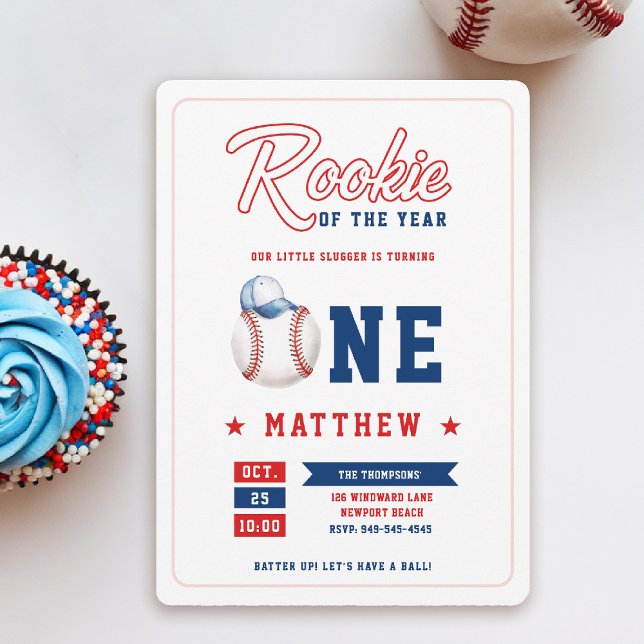 Baseball Cap Rookie Blue Red Roligt Boy 1:a födels Inbjudningar (rookie of the year 1st birthday invite boy baseball theme sports all star red blue white milestone)