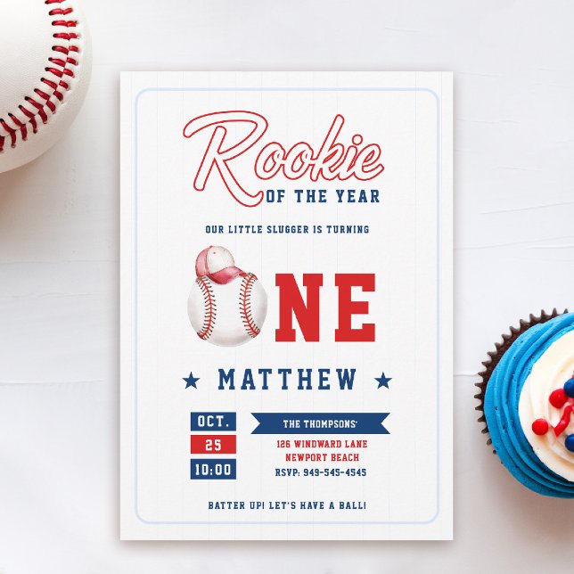 Baseball Cap Rookie Rand Blue Boy 1st Birthday Inbjudningar (rookie of the year 1st birthday invite boy baseball theme sports all star red blue stripes milestone)