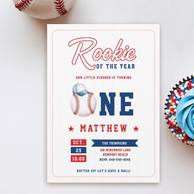 Baseball Cap Rookie Rand Roligt Boy 1st Birthday Inbjudningar (rookie of the year 1st birthday invite boy baseball theme sports all star red blue milestone)