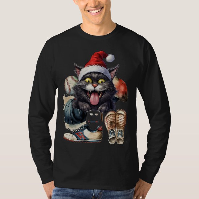 Baseball Cat bära Santa hat för jul T Shirt (Framsida)