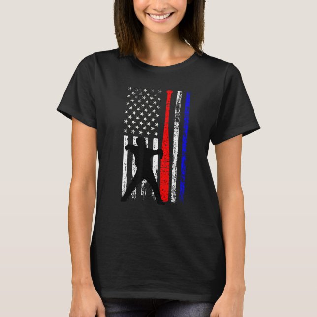 Baseball Catcher 4th of July American Flag Patriot T Shirt (Framsida)
