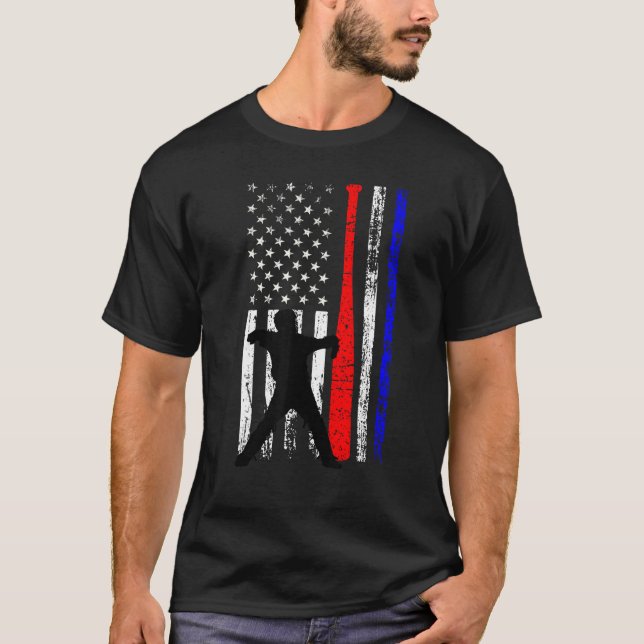 Baseball Catcher 4th of July American Flag Patriot T Shirt (Framsida)