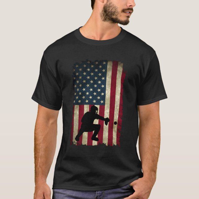 Baseball Catcher amerikanska Flagga Baseballin T Shirt (Framsida)