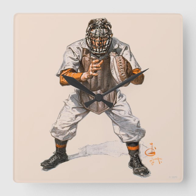 Baseball Catcher Fyrkantig Klocka (Framsida)