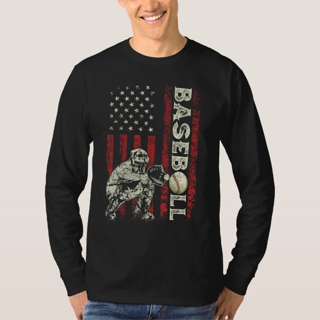 Baseball Catcher US Flag  Dad Men Patriotic 4th Of T Shirt (Framsida)