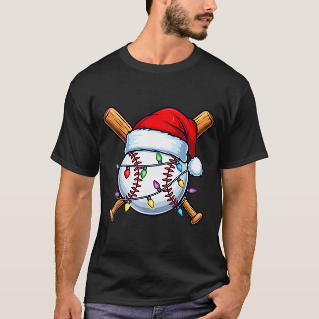 Baseball Christmas Lights Santa Christmas Baseball T Shirt (Framsida)