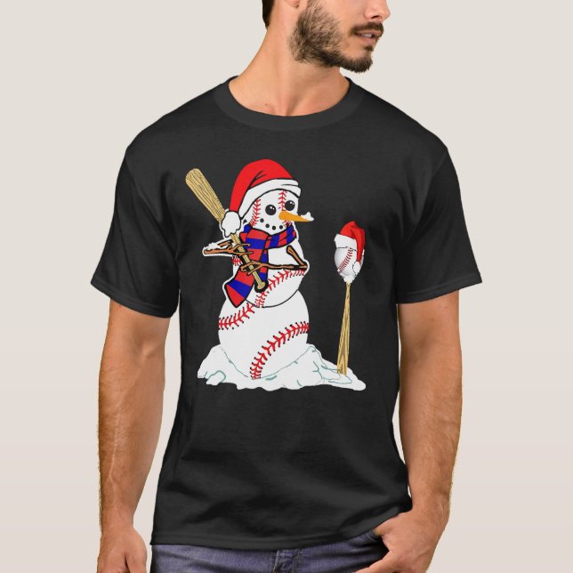 Baseball Christmas Snowman Playing Baseball T Shirt (Framsida)