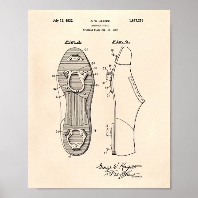 Baseball Cleat 1928 Patent Art Old Peper Poster (Framsidan)