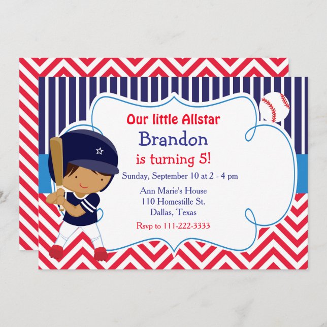 Baseball Cute African American Boy Birthday Inbjudningar (Fram/baksida)