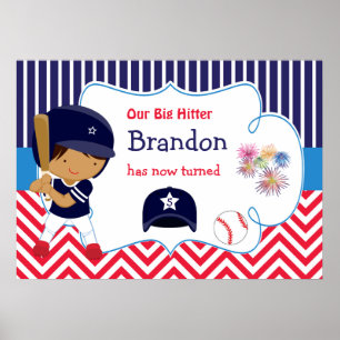 Baseball Cute African American Boy Birthday Poster