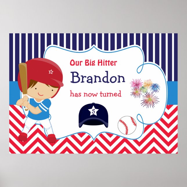 Baseball Cute Brunette Hair Boy Birthday Poster (Framsidan)