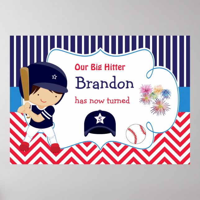 Baseball Cute Mörk Hair Boy Birthday Poster (Framsidan)