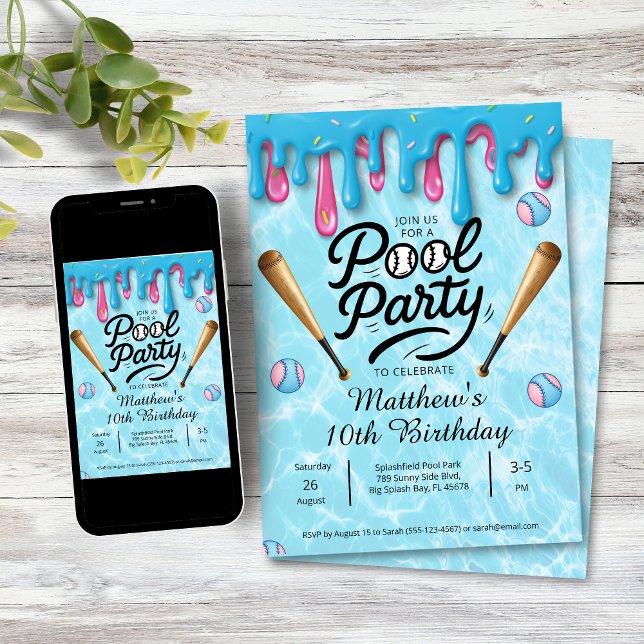 Baseball Drip Pool Party Kids / Teenagers Inbjudningar (Baseball Drip Pool Party Birthday Invitation)